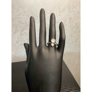 Silver Tone Ring With Faux Double White Opal-Like Stone Setting